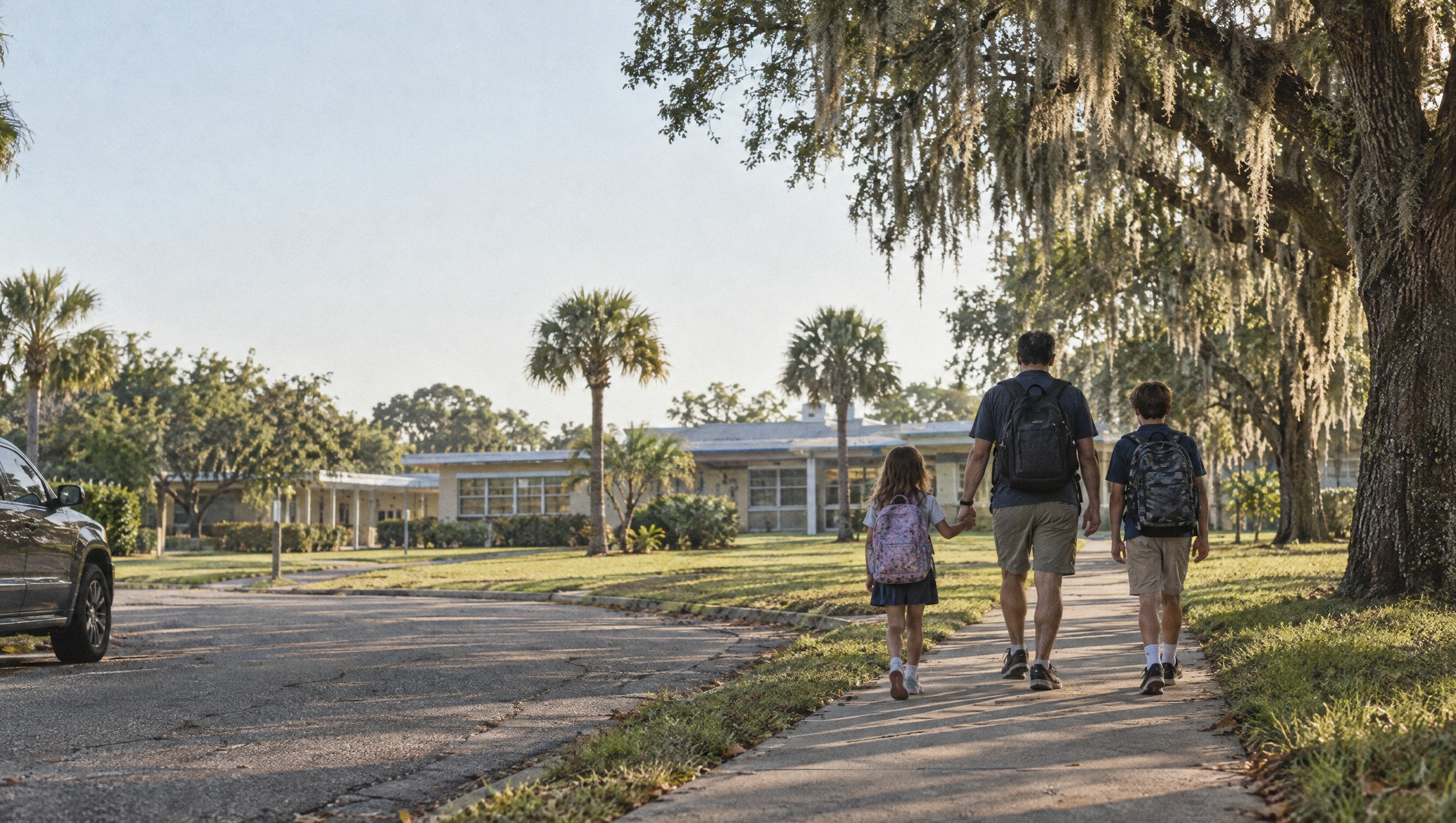 A father walks his two children along a tree-lined street toward their school.