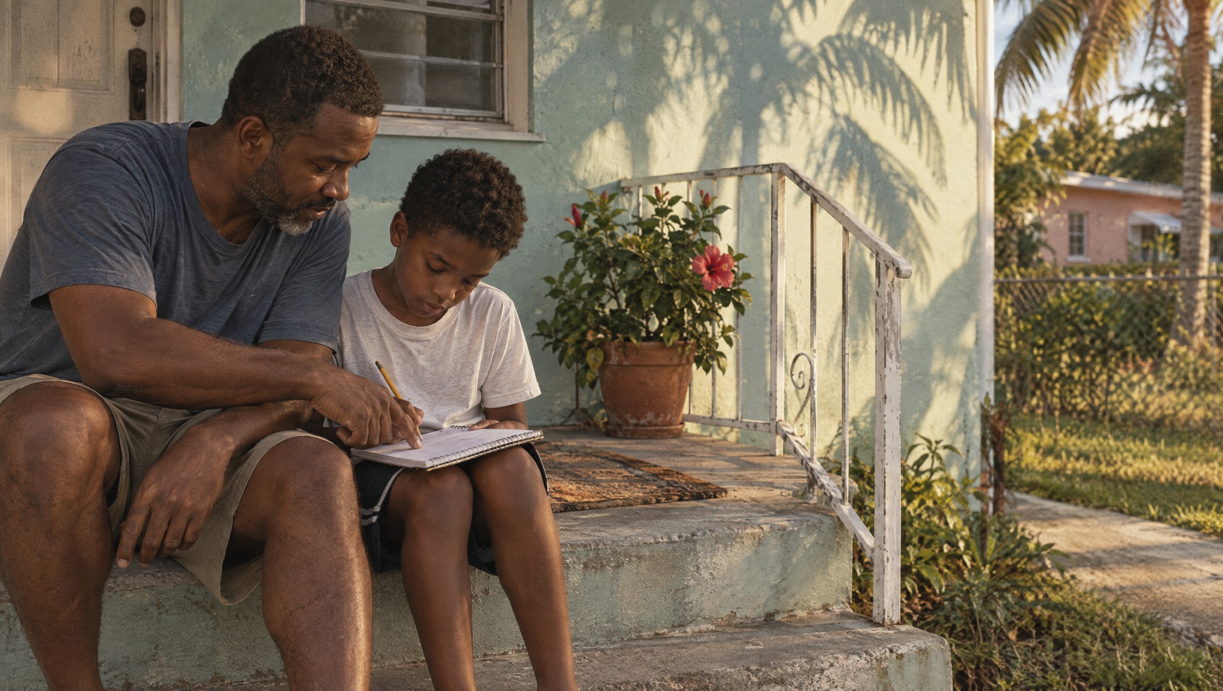 A father helps his son with schoolwork on the front steps of their home.