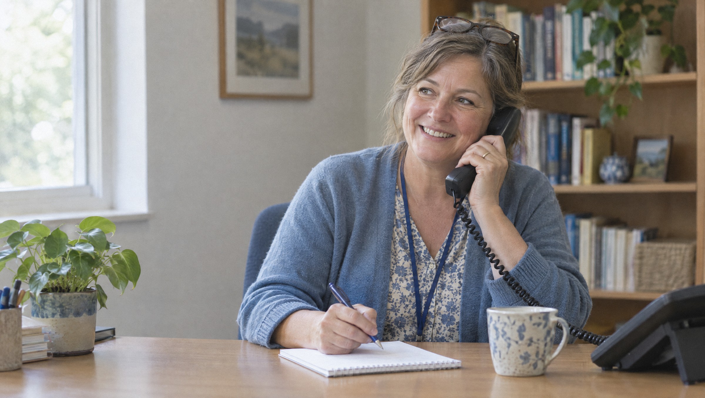 A smiling staff member talks with a parent on the phone and takes notes.
