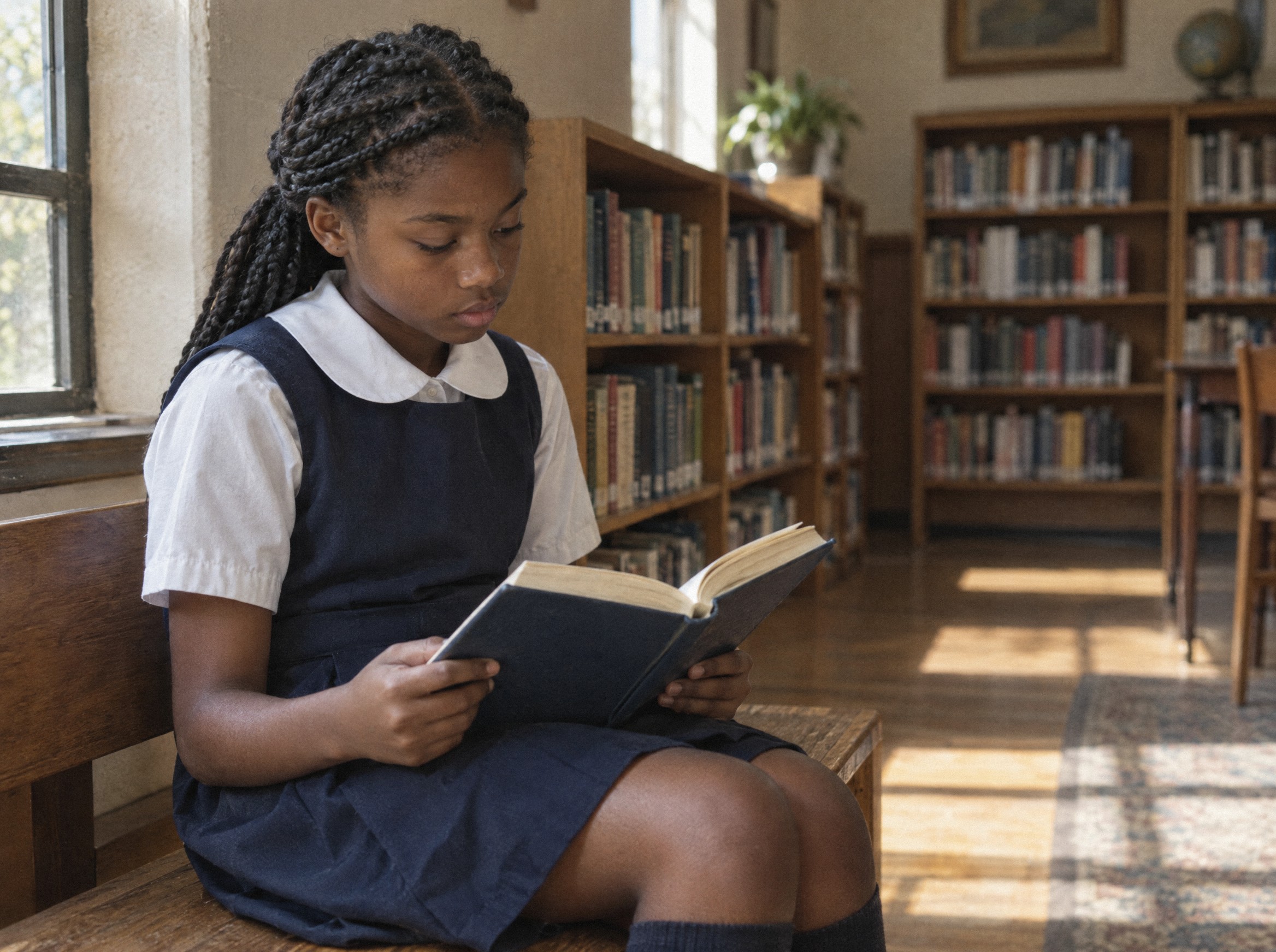 A student in a school uniform reads in a school library.