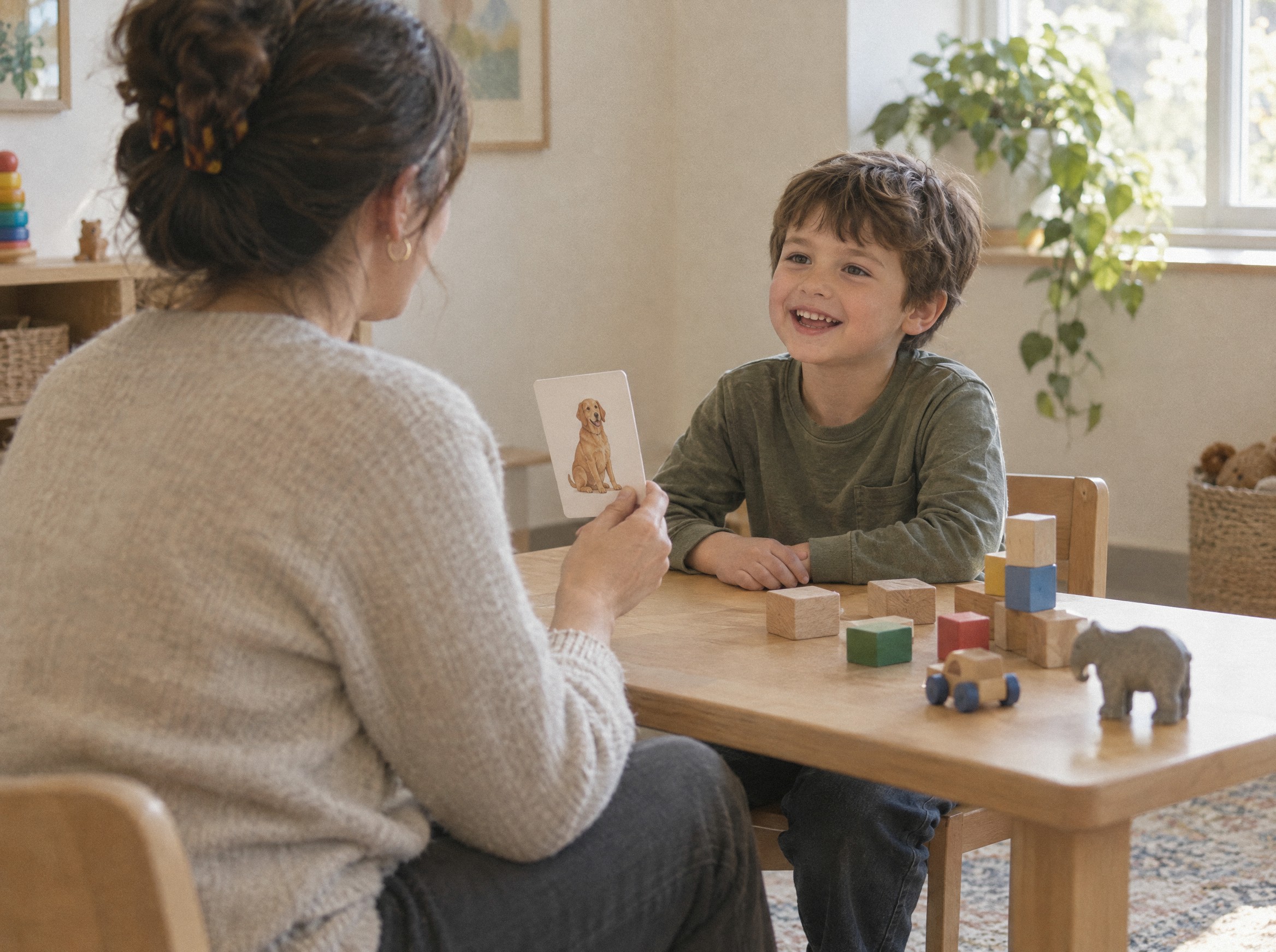 A therapist shows a picture card to a smiling young boy during a session.