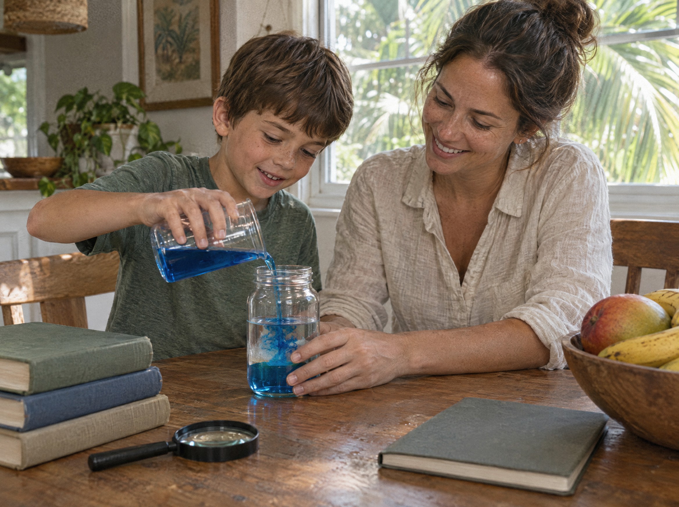 A mother and son do a science activity together at their kitchen table.