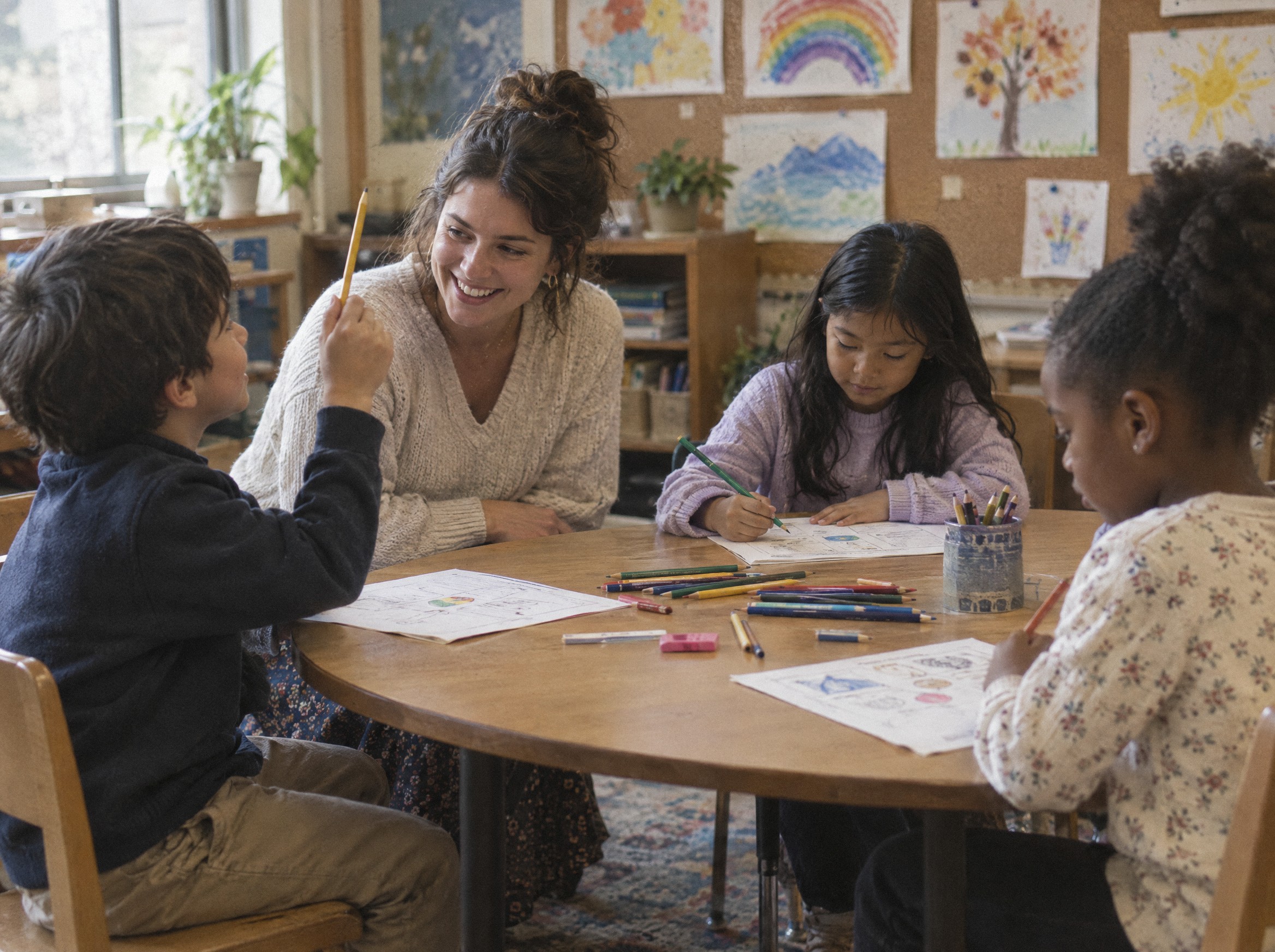 A teacher smiles as a young student raises his pencil with a question during class.