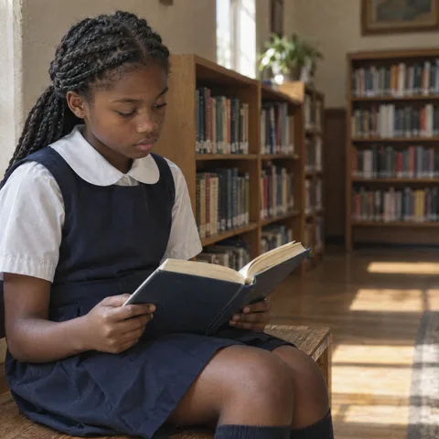 A student in a school uniform reads in a school library.