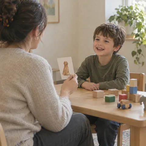 A therapist shows a picture card to a smiling young boy during a session.