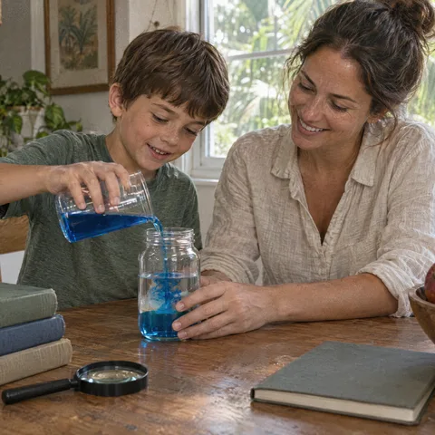 A mother and son do a science activity together at their kitchen table.